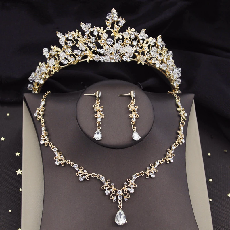 

Gold Colors Bridal Jewelry Sets Bride Tiara Earring Choker Necklace Set For Wedding Dress Crown Sets Women Fashion Accessory