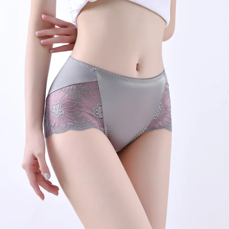 

40-80kg Modal Perspective Jacquard Silky Briefs Sexy Lace Cotton File Mid-waist Large Size Women's Ice Silk Underwear Panties