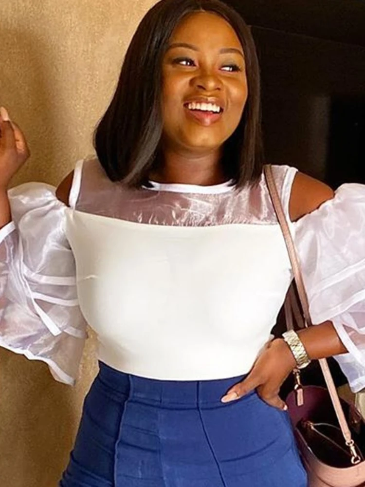 Модные женские блузки с открытыми плечами тонкие прозрачные белые топы большого