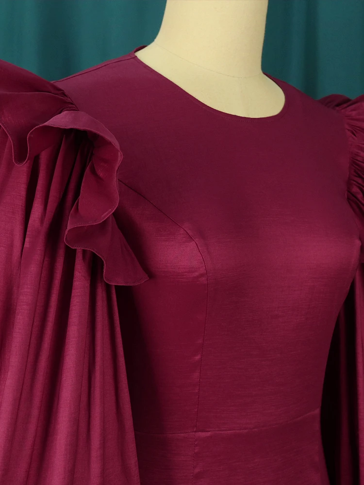Платье женское бордовое средней длины с пышным рукавом батальных размеров 3XL 4X