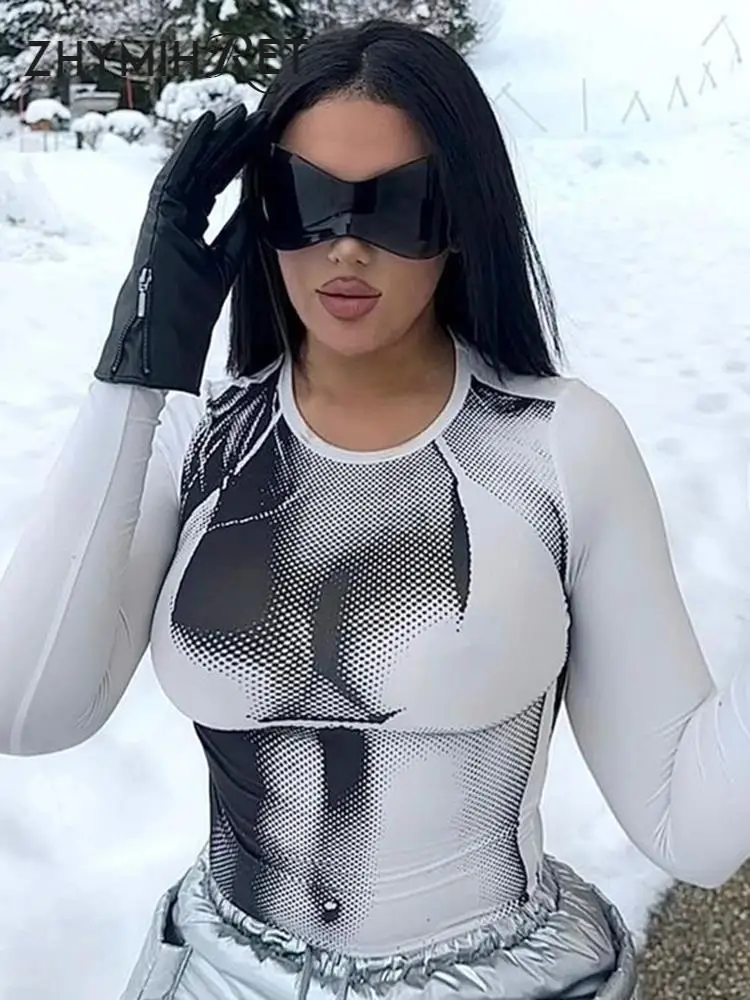 

ZHYMIHRET Printed Long Sleeve Summer T-shirt Skinny Crop Tops For Women Y2K Tees Streetwear Women's Clothing Korea Stylish