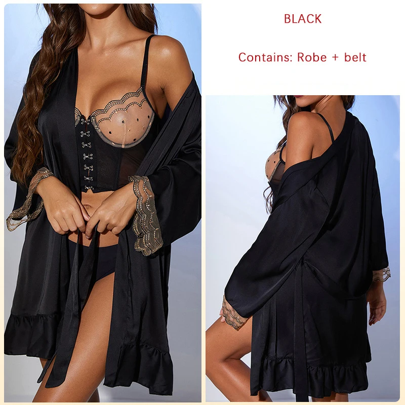 

Women Satin Nightgown Bathrobes Summer Thin Sleepwear Lingerie Sexy Nightdress V-Neck Loungewear Lace Patchwork Kimono Robe Gown