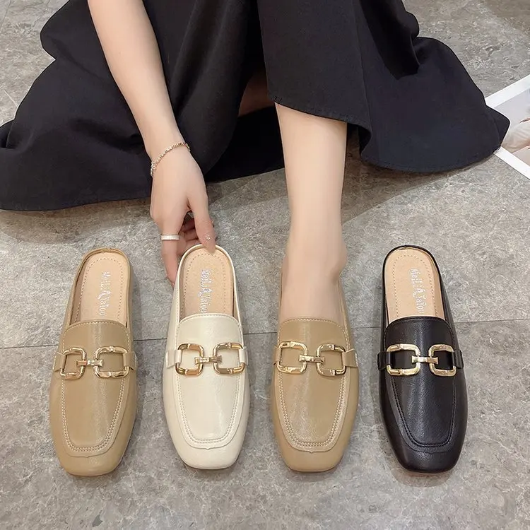 

Cover Toe Low Shoes Slippers Women Summer Slides Fashion Female Mule Loafers Pantofle Rivet Luxury Mules Flat 2022 Square PU Hoo
