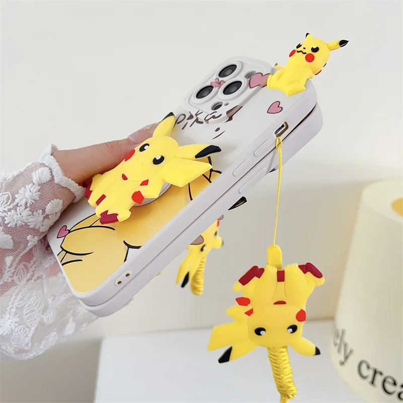 Чехол-подставка для iPhone 11 12 13 14 15 Pro Max Y2K с 3D Аниме милым покемоном Пикачу ремешком