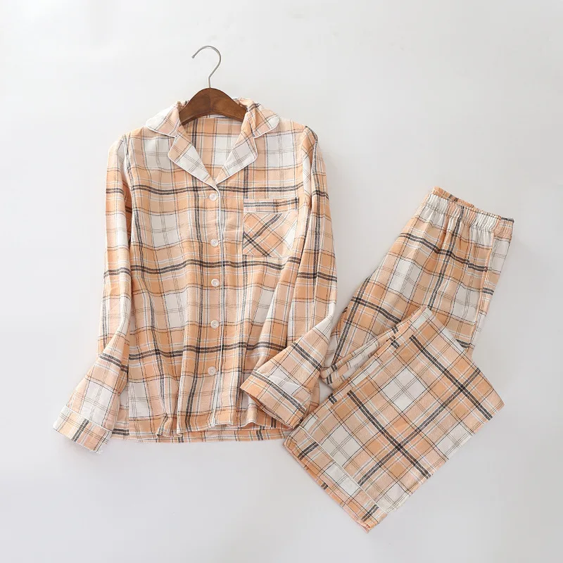 

Plus size 100% brushed cotton womens pajamas sets Spring casual plaid long-sleeved sleepwear women pijamas