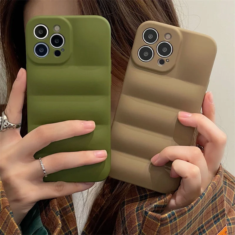 

For iphone 11 12 13 Pro Max X XR Xs Max Phone Case Retro Olive Khaki Water-Resistant Simple Creative Down Jacket Anti-fall Cover