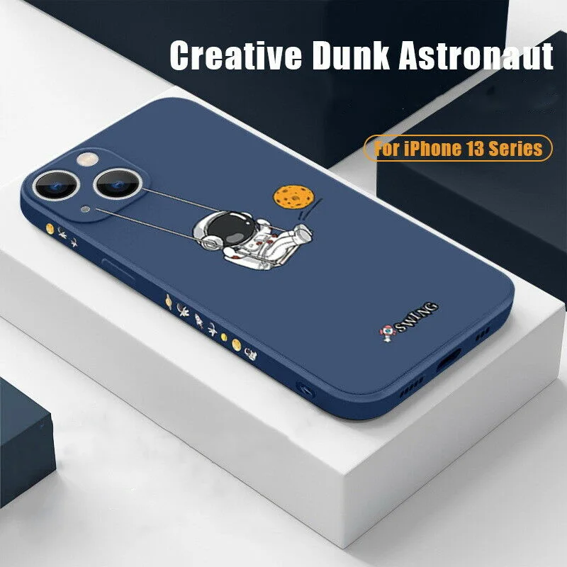 

Cartoon Astronaut Swing Planet Phone Case for iPhone 13 12 11 Pro Max XS XR 8 7 Plus SE2 Silicone Creative Shockproof Soft Cover