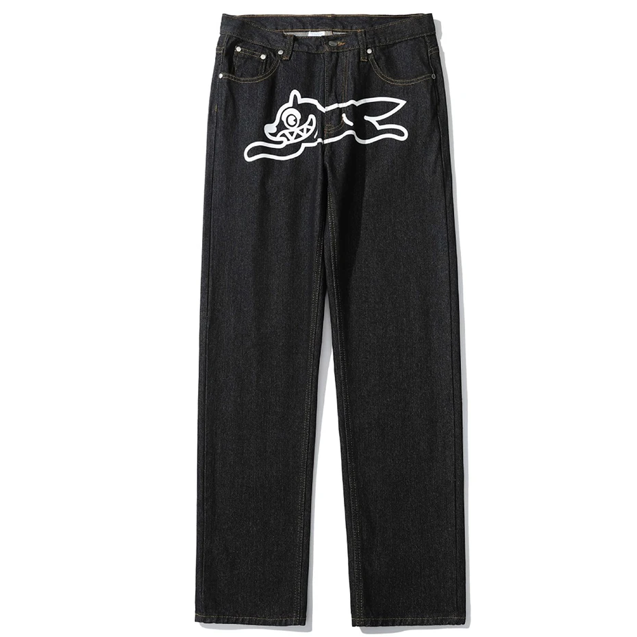 Hip Hop Streetwear Baggy Jeans Dog Printed Loose Straight Denim Pants Men Black Harajuku Jeans Trousers