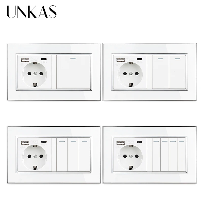 

UNKAS White Type C Wall USB Port EU Standard 16A Socket 1 2 3 4 Gang 1 / 2 Way On / Off Push Button Acrylic Panel Outlet