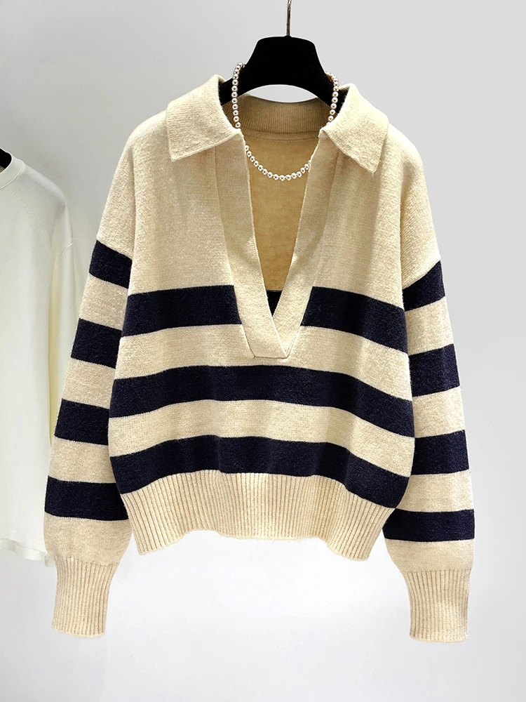 Пуловер свитер женский свободный осенне-зимний рукав короткая поло с длинными