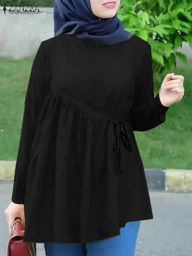 

ZANZEA Spring Women Solid Color Muslim Blouses Femme Elegant Loose Holiday Blusas O Neck Long Sleeve Buttons Ruffle Abaya Tops