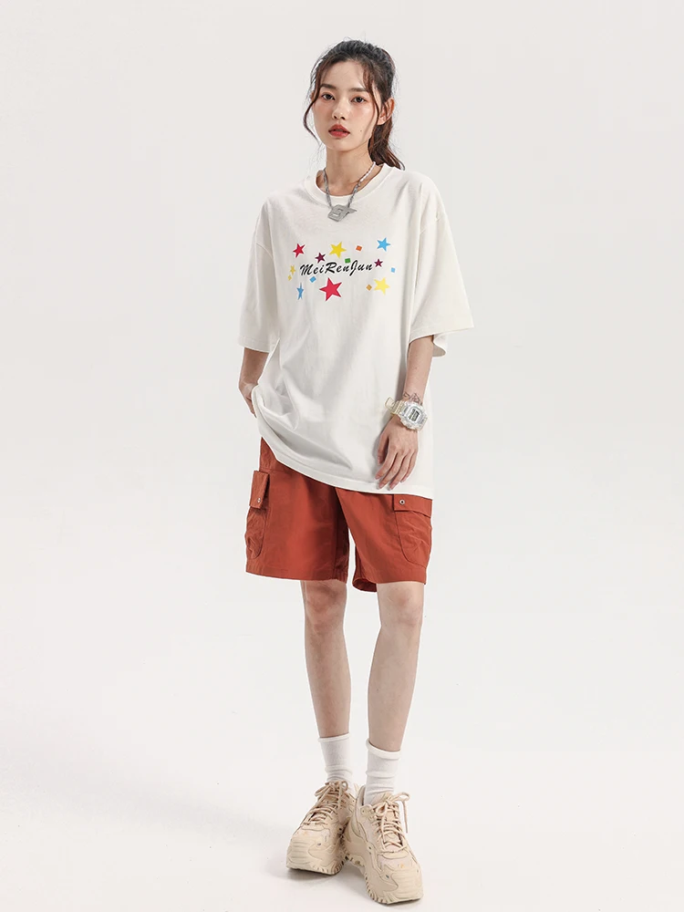 Женская Винтажная футболка с коротким рукавом белая свободная большого размера