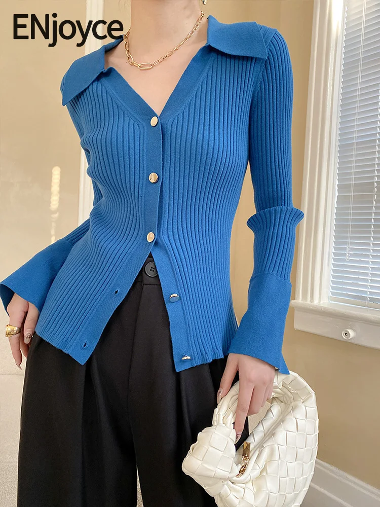 

ENjoyce Spring Fall Women Vintage Slim Lapel V-Neck Thin Blue Sweater Ladies Elegant Knitwear Korean Knit Pullovers Bottom Tops