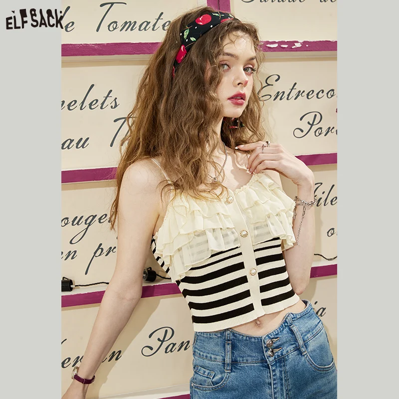 ELFSACK Lace Striped Camis Women 2023 Spring New Sleeveless Sexy Ladies Daily Tops