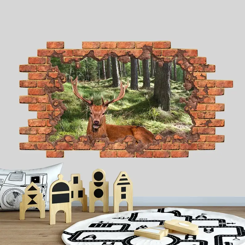 

Deer Wall Decal Kids, Antler Vinyl Sticker Woodland Nursery Decoration, Forest Animal Wall Decal Hole in Brick Wall, Broken Wall