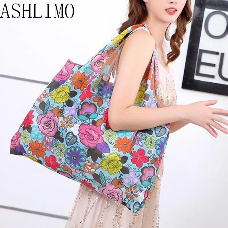 

BIG Eco Friendly Folding Flowers Shopping Bag Reusable Portable Handbag Travel Grocery Fashion Pocket Waterproof Shoulder Bag