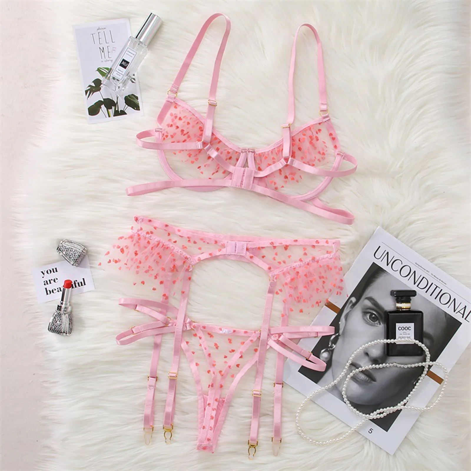 

Fashion Women's Sexy See-through Lace Polka Dot Printed Hollow Out Ruffled Bra G-String Underwear Three-Piece Garter Babydoll#g5