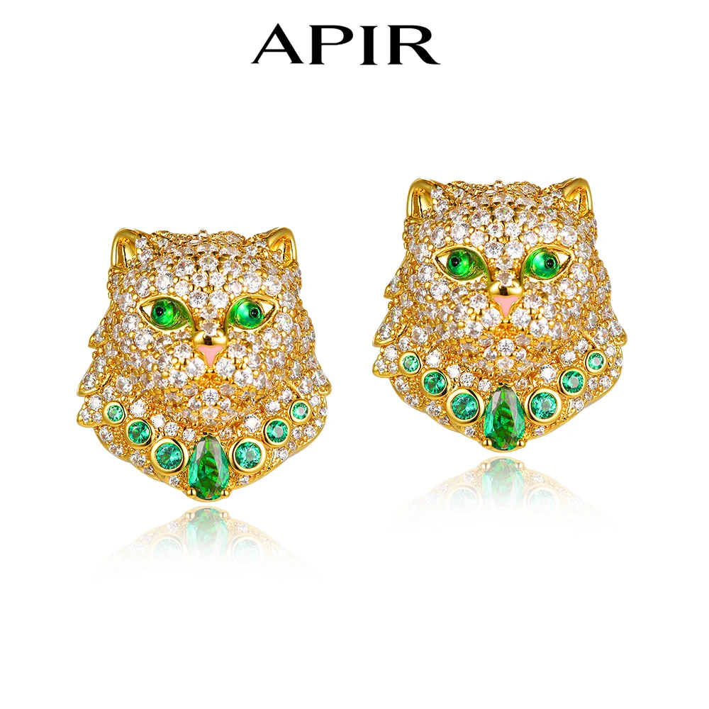 Серьги APIR All 5A серебряные с цирконами и зелеными камнями в форме котов