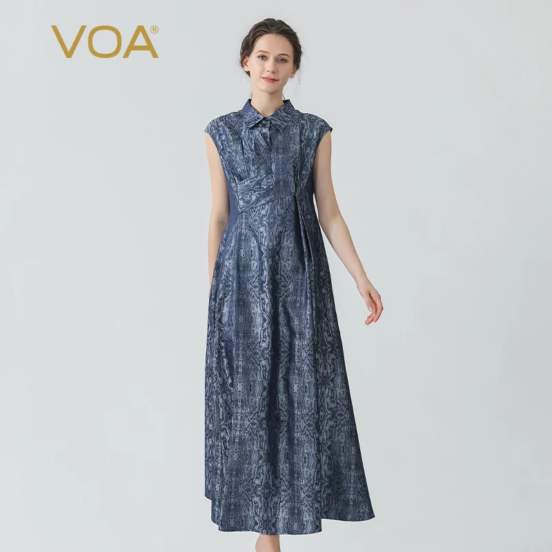 

VOA Yarn-dyed Jacquard Mulberry Silk Dresses Polo Collar One Button Three-dimensional Decoration Wrap-sleeve Silk Dress AE1606
