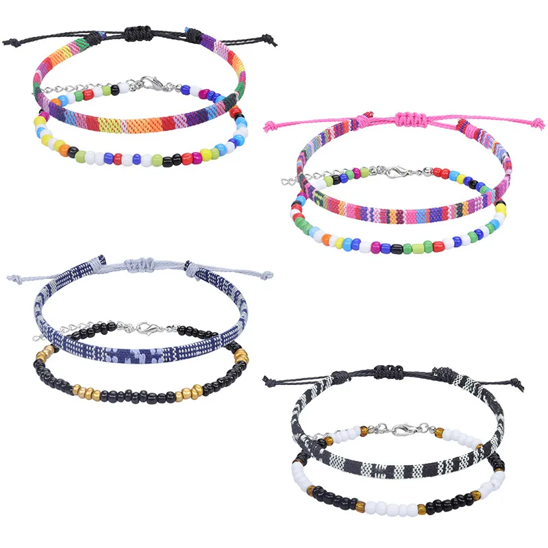 

2pcs/set Bohemia Handmade Weave Rope Seed Beads Bracelets For Women Men Ethnic Bangles Jewelry Gift Adjustable