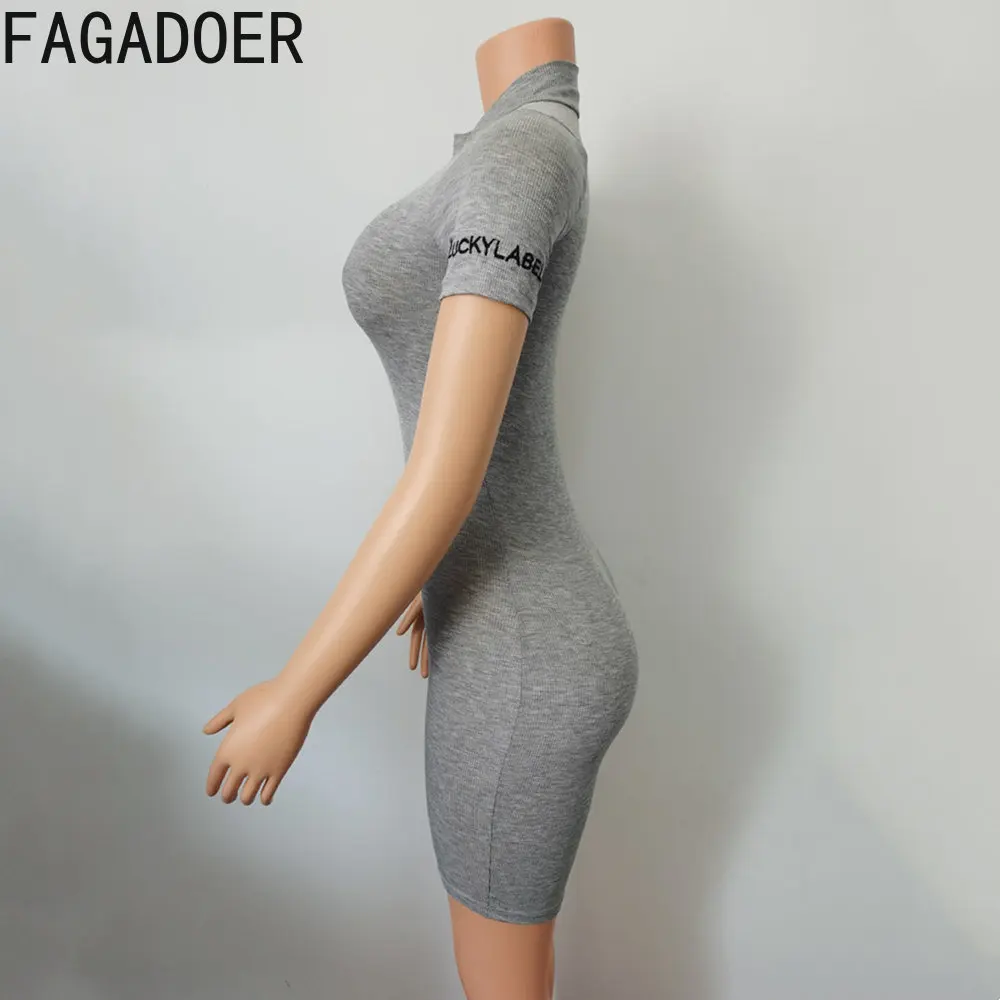 FAGADOER Sexy Letter Embroidery Bodycon Rompers Women Zipper High Elasticity Short Sleeve Jumpsuits Female Slim Solid Overalls
