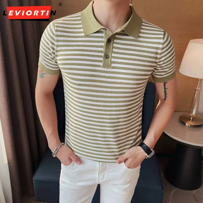 

Мужская Летняя воздухопроницаемая рубашка-поло из ледяного шелка с короткими рукавами, модель 2023 года, Мужская Облегающая рубашка-поло в полоску, Повседневная рубашка высокого качества, модель 4XL