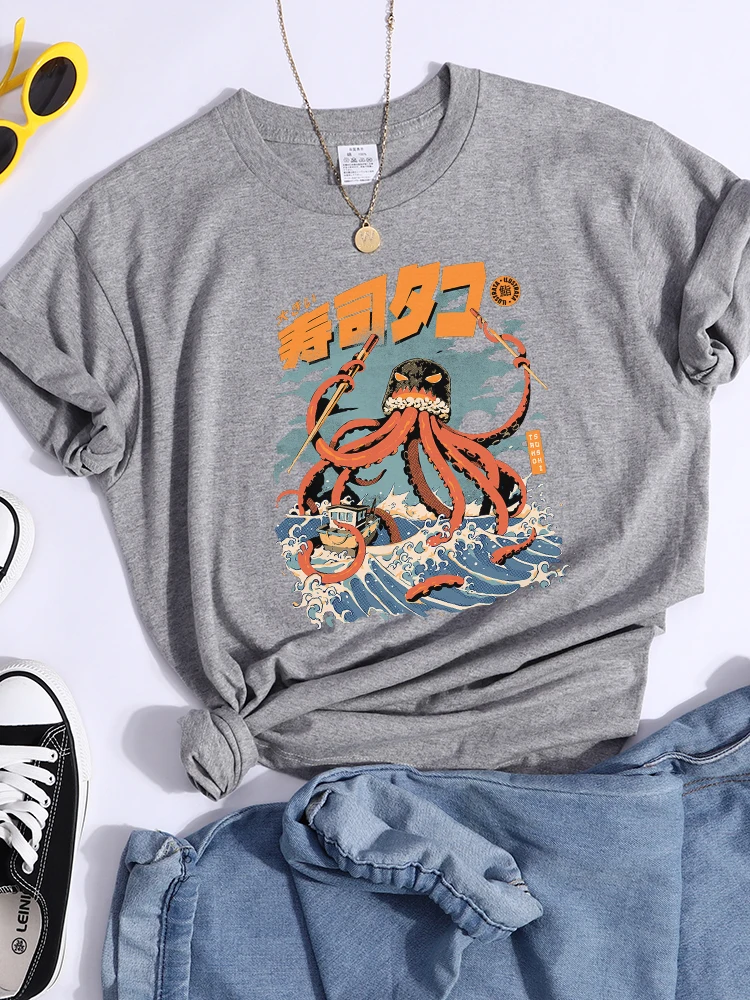 

Ukiyo E Black The Tako Sushi Womens Tshirts Street Breathable T-Shirts Personality Cool Tee Shirt Casual Summer T-Shirt Women