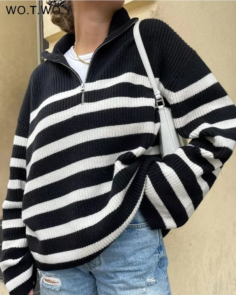 

WOTWOY Zipper Polo Collar Knitted Black White Striped Sweater Women Thick Autumn Winter Loose Pullovers Female Casual Jumpers