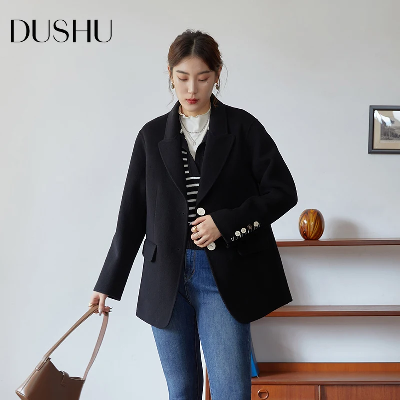 

DUSHU Double-faced Wool Coats Button Design Women Winter New Black Commuter Loose Fit Woolen Coat Simple Regular Length Jackets