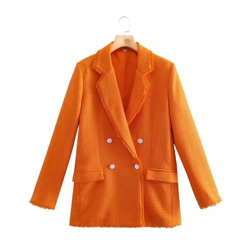 

Fringe Trimming Suit 2022 Autumn New Ladies All-match Lapel Long-sleeved Texture Double-breasted Slim Casual Suit Jacket