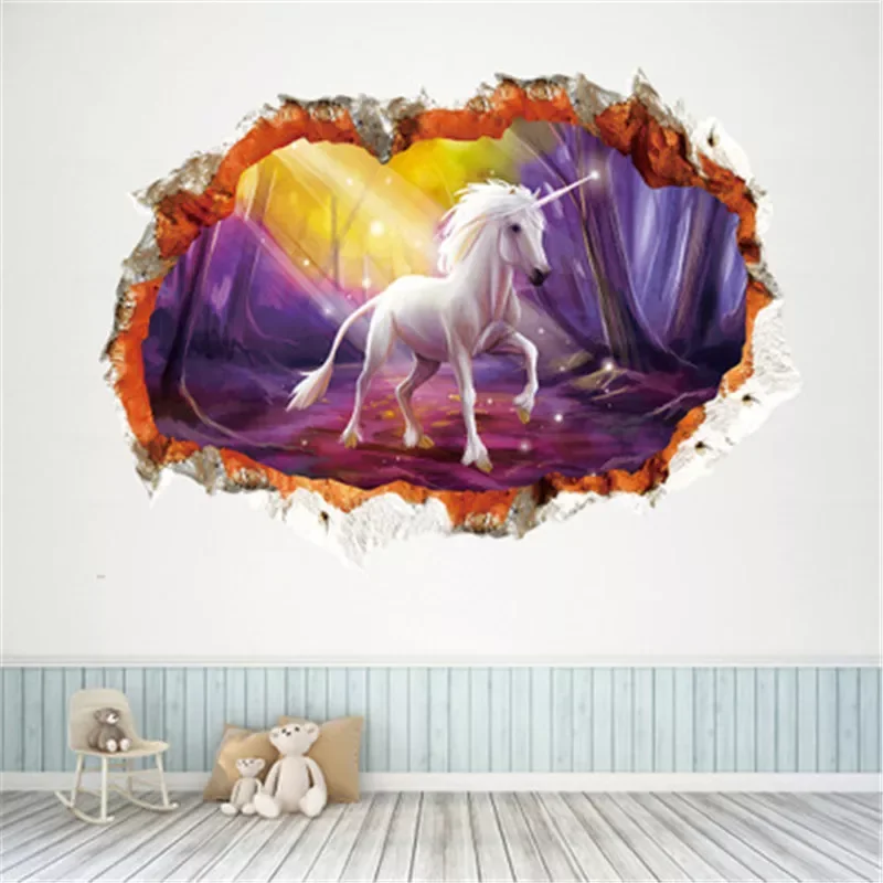 

NEW2023 3D Forest Unicorn Wall Stickers For Kids Room Home Decor Living Room Magic Unicorn Girls Bedroom Wallpaper Art Mural Muu