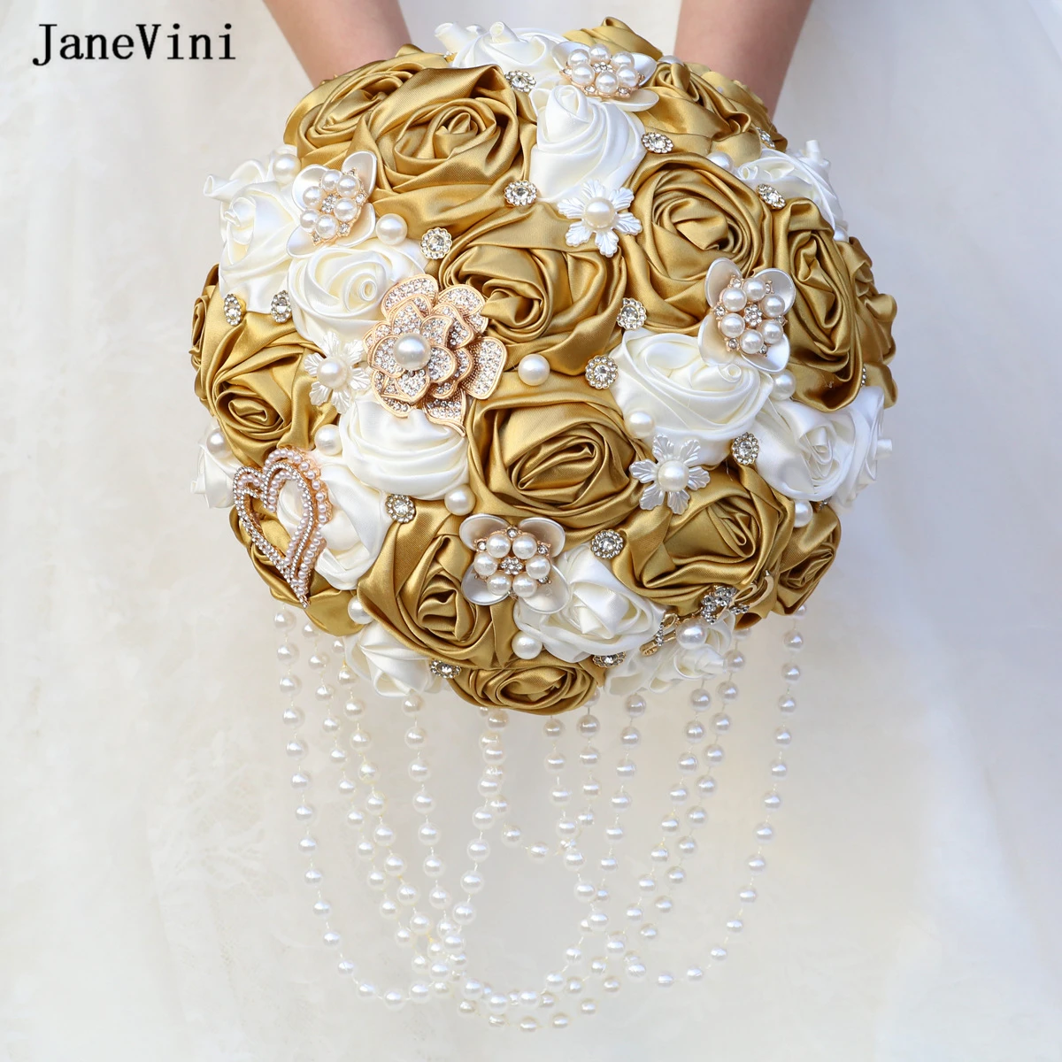 

JaneVini Elegant Light Gold Ribbon Flowers Stunning Pearls Beaded Bridal Bouquets Artificial Roses Wedding Bouquet Ramo De Novia