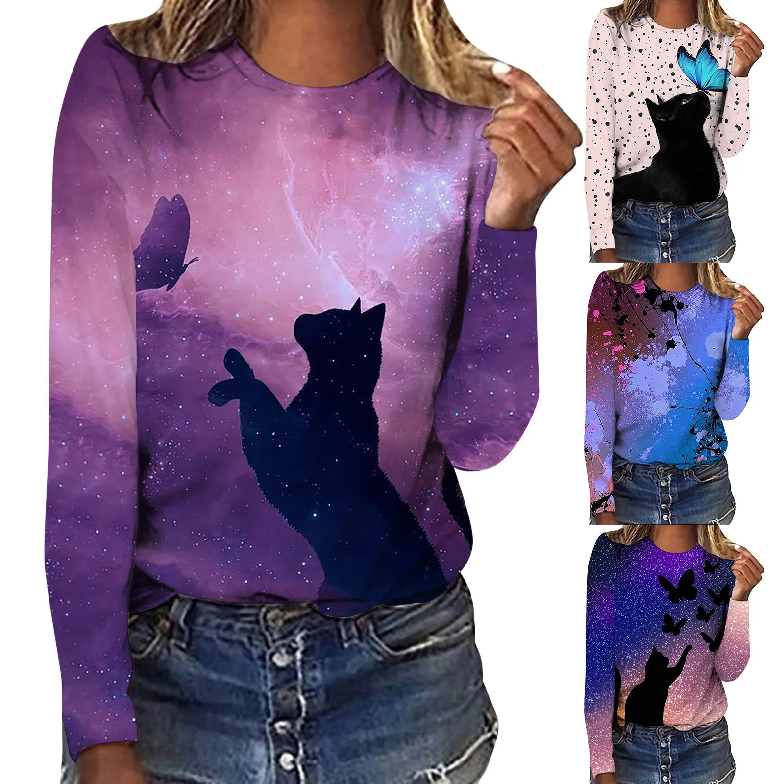 

Женский топ с круглым вырезом и длинным рукавом, Модный пуловер с принтом, модная повседневная футболка, модная женская хлопковая футболка ...