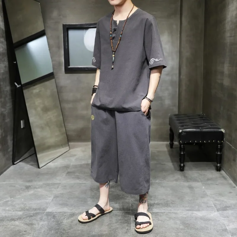 Традиционный китайский стиль летний мужской льняной костюм Тан футболка с