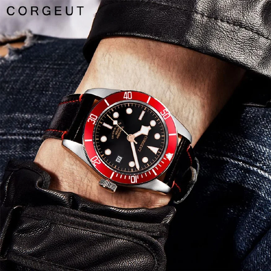 

Corgeut Automatic Men Watches Military Schwarz Bay Wristwatch Leather lume Waterproof Sport Swim Male Clock Relogio Masculino
