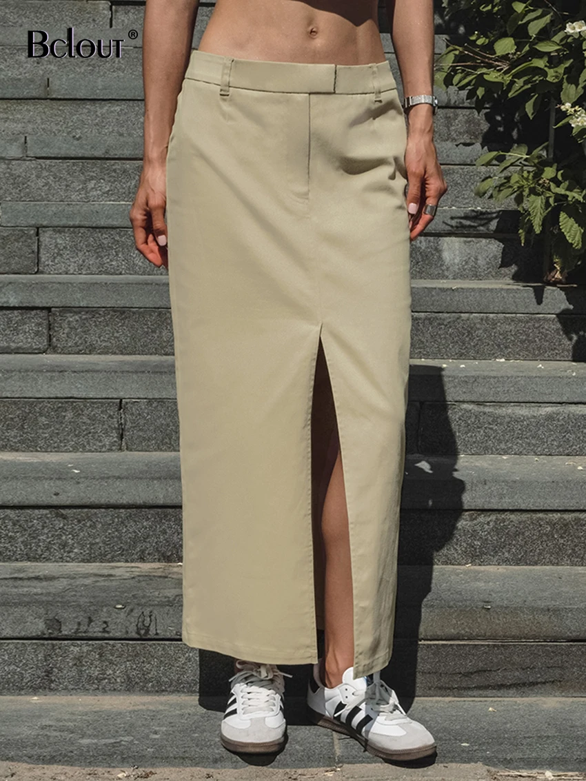 

Модные хлопковые длинные юбки цвета хаки Bclout, женские повседневные облегающие прямые юбки с низкой талией, осенняя Офисная Женская Сексуальная юбка с разрезом, 2023