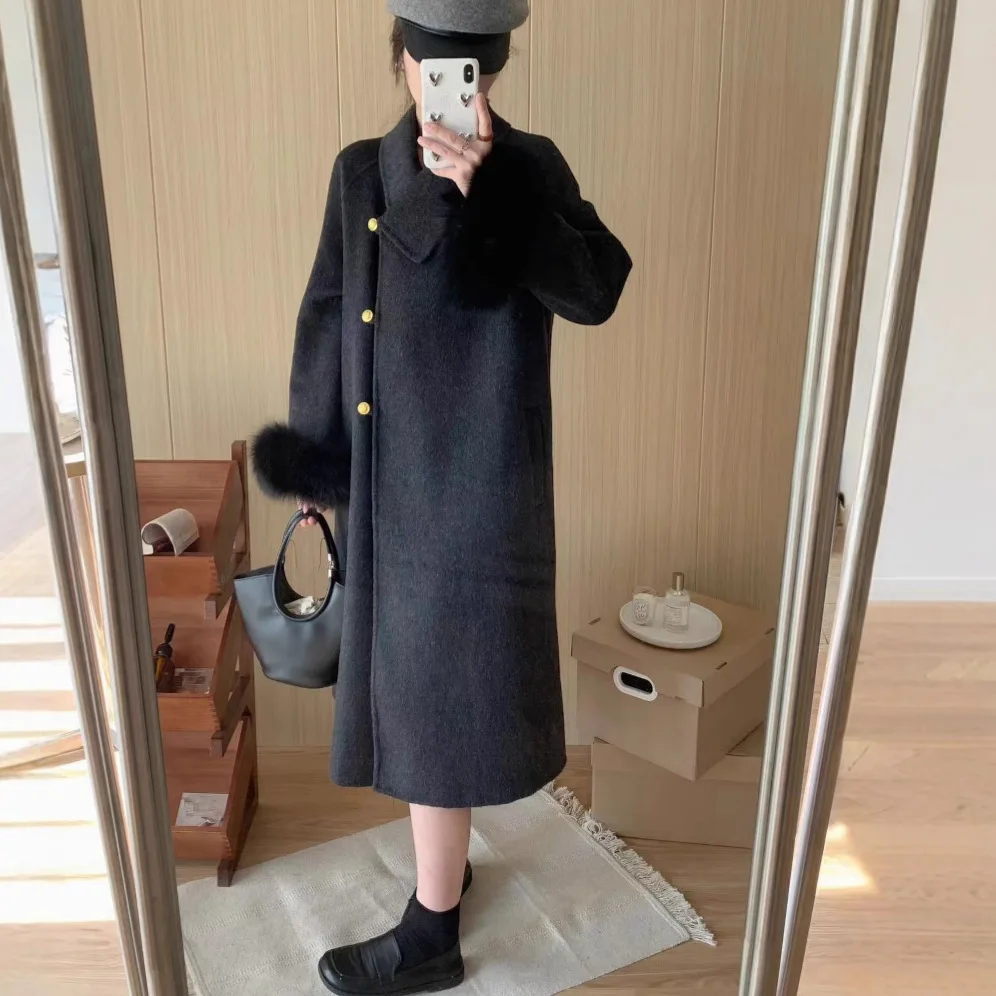 Лисьий мех насыщенная дочь двустороннее кашемировое пальто женская