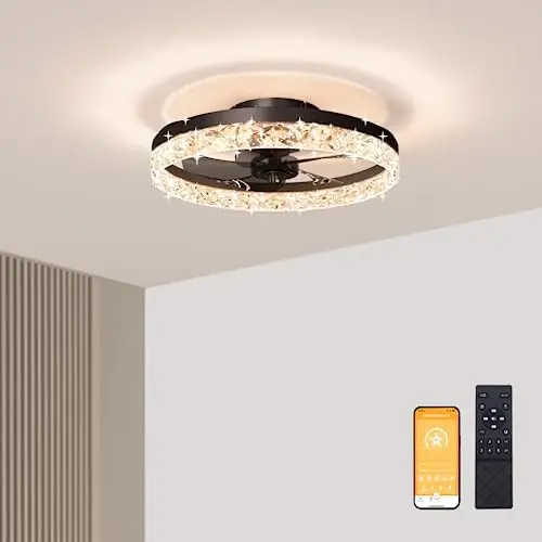 

Modern Ceiling Fans with Lights and Remote, 19.7in Low Profile Ceiling Fan Flush Mount, 3000K-6500K Dimmable Bladeless LED Fan L