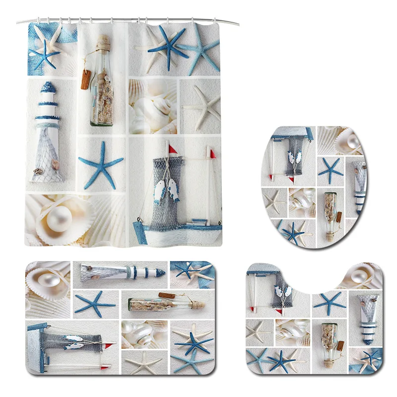 creative beach starfish plaid home decor bathroom toilet cover sets waterproof shower curtain home textile mats carpet suits free global shipping