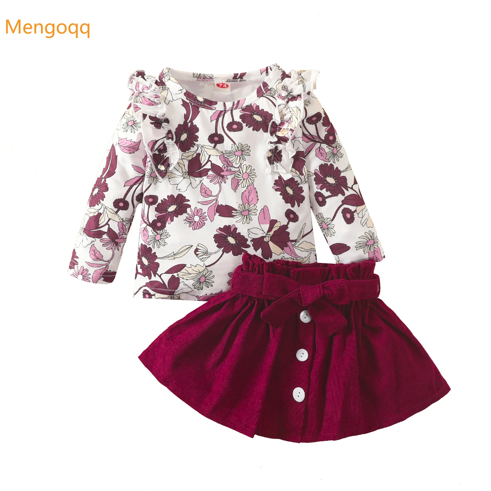 

Infant Princess Spring Full Sleeve Ruched Flower Top T-shirts Solid Belt Skirts Pleat Toddler Kids Baby Clothing Set 2pcs 3-24M