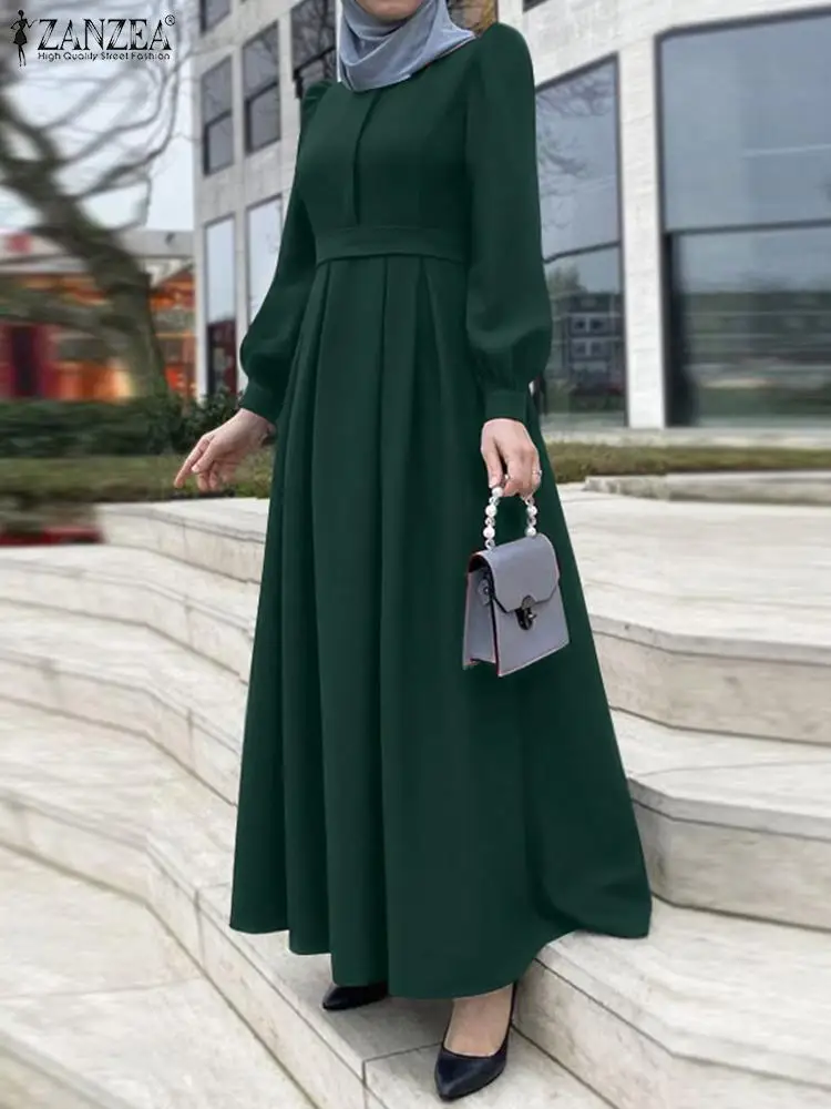 

ZANZEA Elegant Long Puff Sleeve Muslim Dress Oversized Hijab Sundress Party Abayas Women Belted Dresses Caftan Islamic Clothing