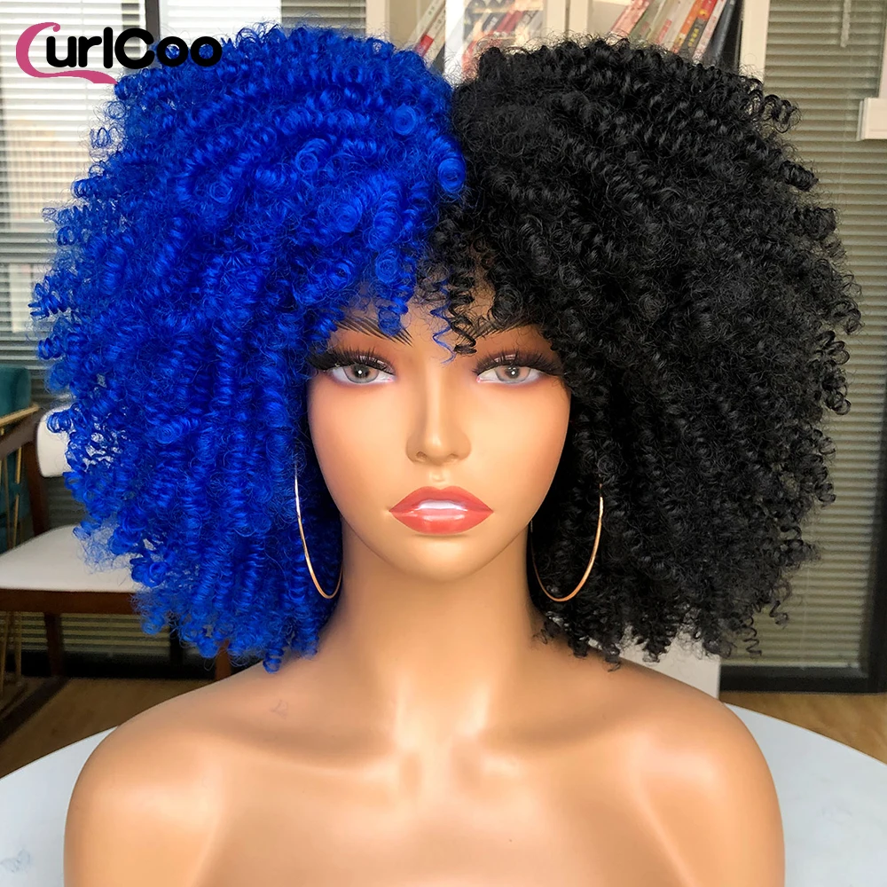 

Short Hair Afro Kinky Curly Wig With Bangs Synthetic Cosplay Lolita Wig For Black Women Ombre Glueless Blue Pink Red Wig Cur