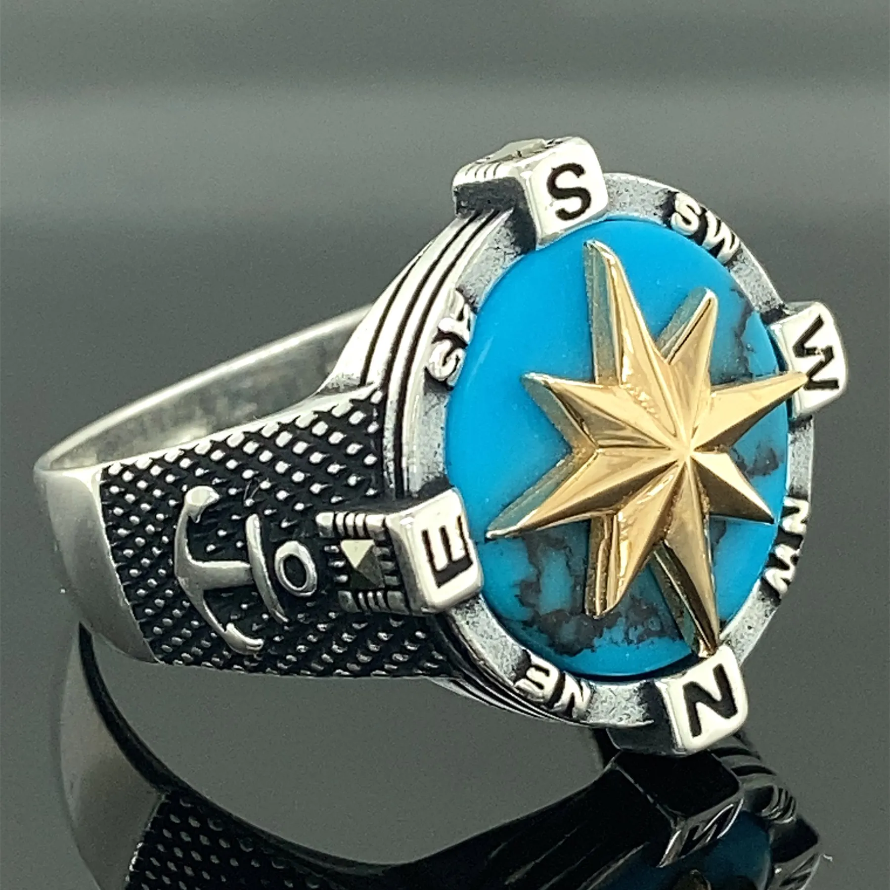 Men Handmade Ring , Silver Turquoise Stone Compass Ring , Silver Anchor Ring , Compass signet Ring , 925k Sterling Silver Ring
