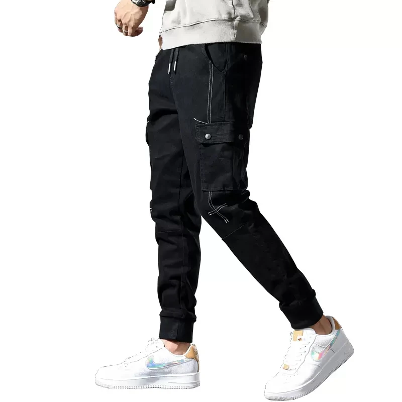 Autumn Black Cargo Pants Jeans Men Streetwear Casual Cotton Slim Fit Elastic Waist Drawstring Trousers CP2083