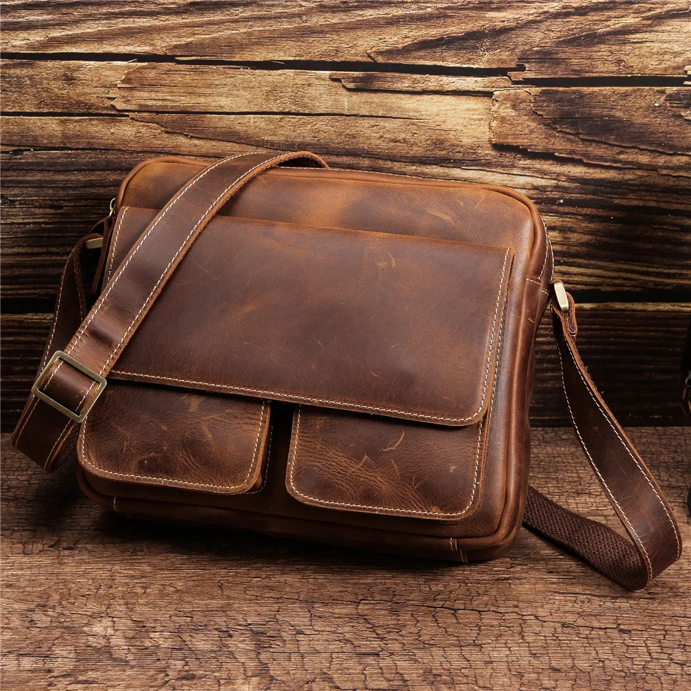 

Men Shoulder Strap Bag Genuine Leather Vintage Handbag for Man Travel Crossbody Bag Crazy Horse Leather Messenger Bags Designer