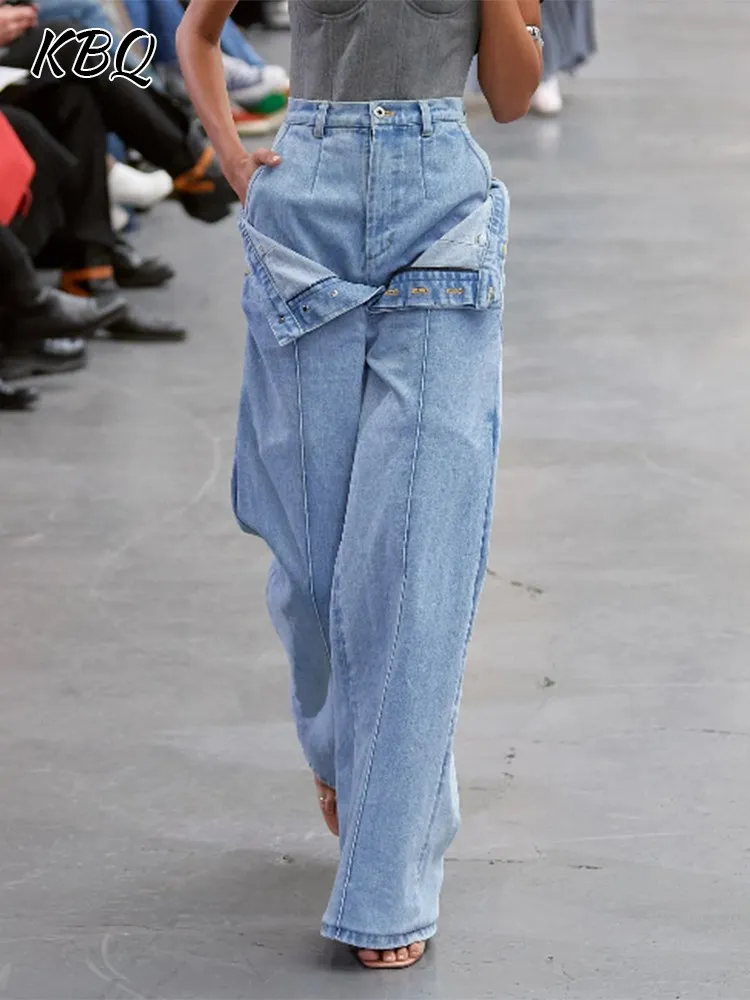 

KBQ Chic Patchwork Pocket Straight Jeans For Women High Waist Spliced Buttons Loose Solid Casual Wide Leg Denim Pants Female New