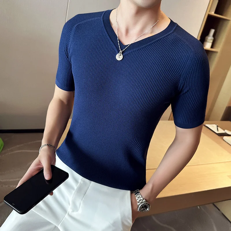

Men's Summer Fashion Elastic force Short sleeve Casual V-neck Knitted T-shirt/Male Slim Fit High Quality Sweater Tees