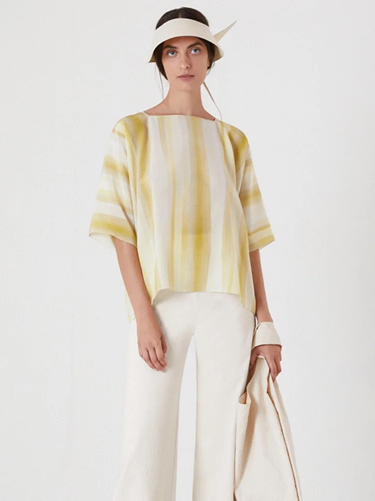 

2022 Spring and Summer New 100% Silk Shirt Gradient Smudge Printing Striped Loose Women Pullover Top Quality