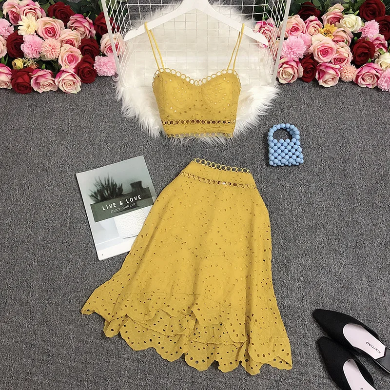 

Hollow Out Camisole Skirt Suit High Waist Beachwear Women Dress Sets 2 Pieces Ruffle 2023 Holiday Summer Sundresses Sexy Outfits