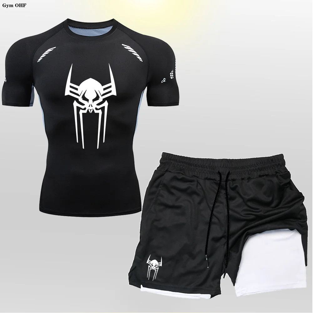 Компрессионная рубашка для мужчин паук фитнес тренажерный зал шорты 2 в 1 рашгард